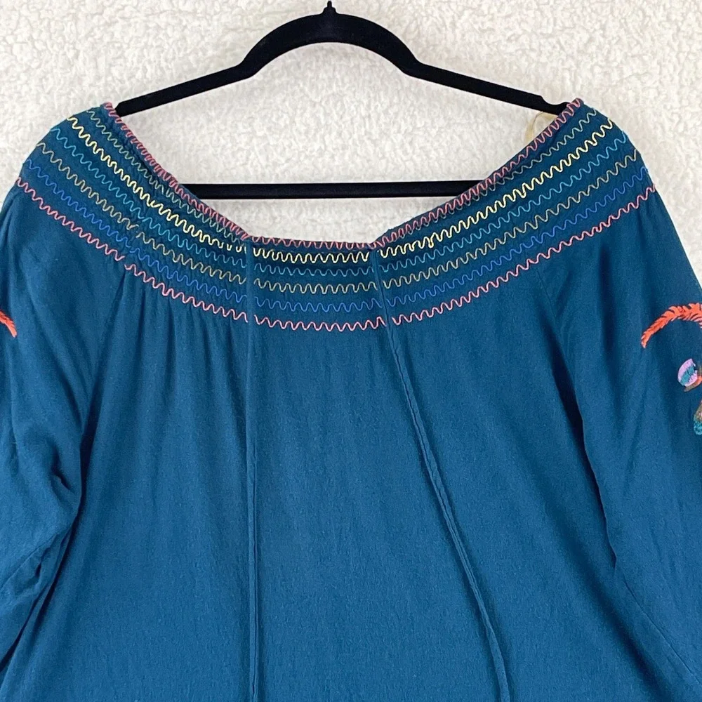 Umgee Top Womens Medium Blue Floral‎ Embroidered Off Shoulder Long Sleeve Boho